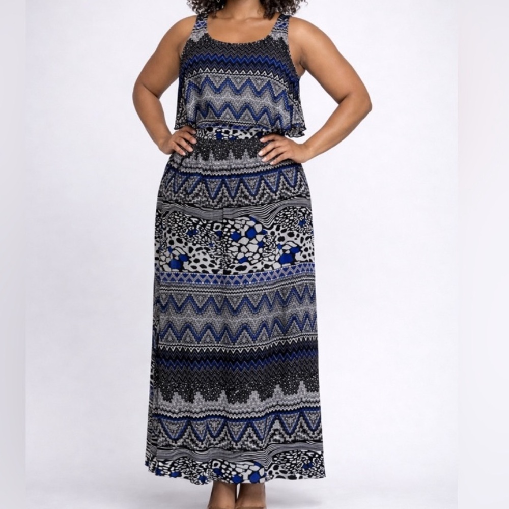 Bohemian full length maxi dress with boxy overlay bodice